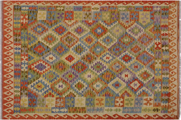 Flat Weave Kilim, Antique, Navaho, Vintage, Handmade, Geometric Kilim Rust Gold Hand-Woven Rectangle 100% Wool Area Rug 6 x 8